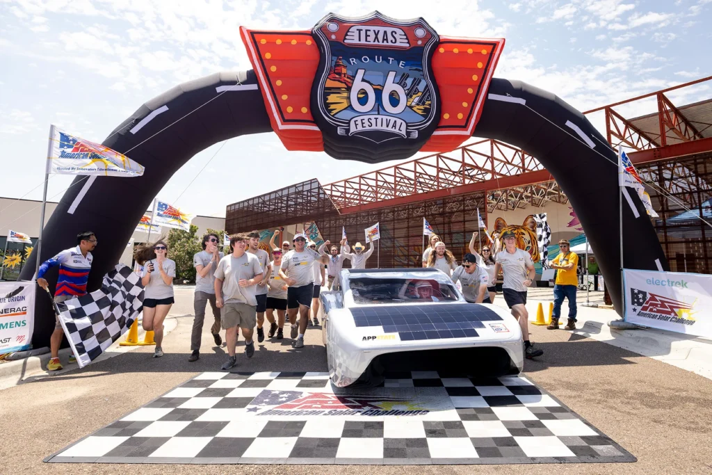 App State's Team Sunergy crossing the finish line of the 2026 Electrek American Solar Challenge in Amarillo, Texas.