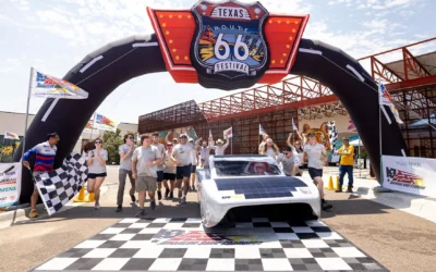 App State's Team Sunergy crossing the finish line of the 2026 Electrek American Solar Challenge in Amarillo, Texas.